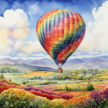 Watercolor Colorful hot air balloon flying over the rural landscapeの素材