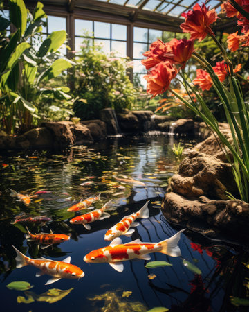 Beautiful colorful koi fishes swimming in the garden pondの素材