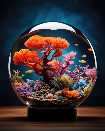 Colorful coral reef in a glass florarium on wooden tableの素材