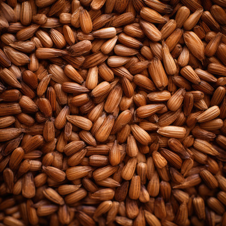 Raw brown rice background. Close up of brown rice texture. Selective focus.の素材