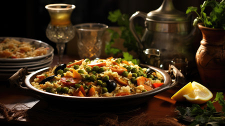 Pilaf with vegetables on a wooden table. Selective focus.の素材