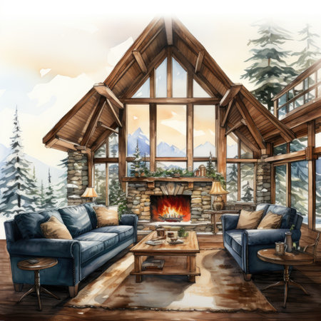 Interior design of a wooden house with a fireplace in the mountainsの素材