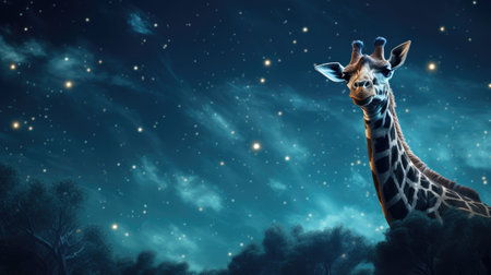 Giraffe in the night sky with stars. Collage.の素材