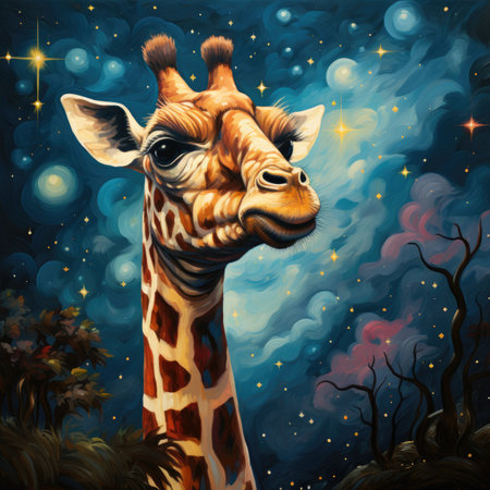 cartoon scene with giraffe on night skyの素材