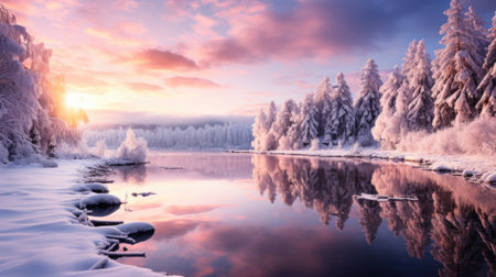 Frozen winter forest with snow covered trees and lake at sunset.の素材