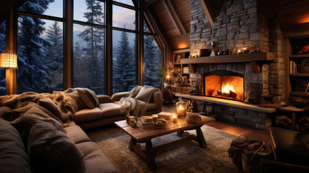 Luxury chalet with fireplace in the evening.の素材