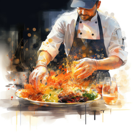 Chef cooking shish kebab in a restaurant.の素材