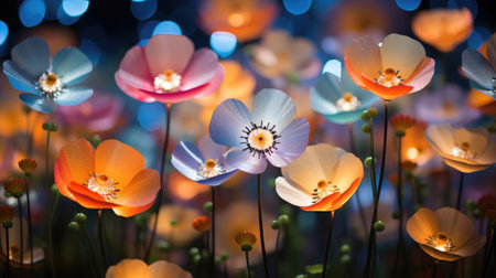 Close up of colorful poppies in the garden with bokeh backgroundの素材