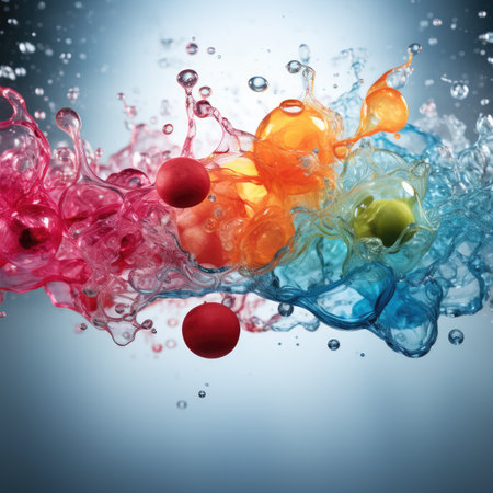 Colorful fruit splashing in water on blue backgroundの素材