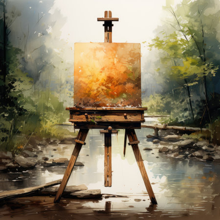Watercolor Wooden easel with an oil painting in the forest. Wの素材