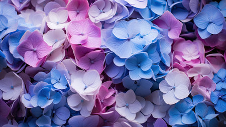 Blue and pink hydrangea flowers background. Top view.の素材