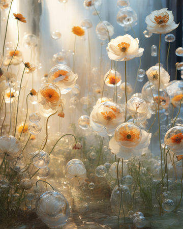 White poppy flowers and soap bubbles on the background of the window.の素材