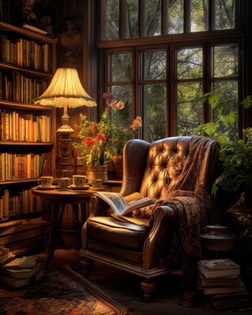 Luxury interior with bookshelves, armchair and windowの素材