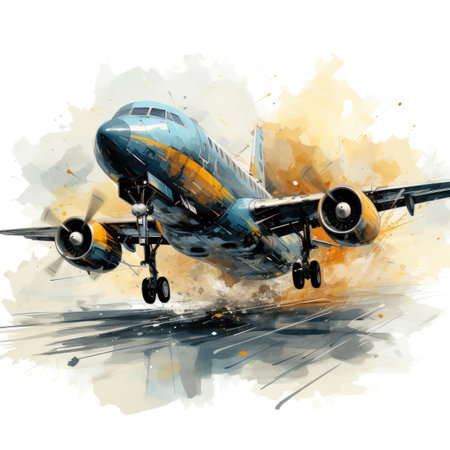 Jet plane on a background of watercolor splashes.の素材