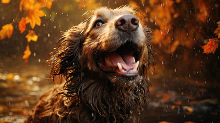 Cocker Spaniel in the rain in the autumn forest with fallen leavesの素材