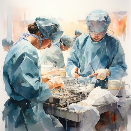Watercolor Team surgeon at work in operating room.の素材