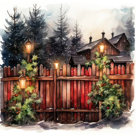Watercolor Winter landscape with wooden fence and lanterns.の素材
