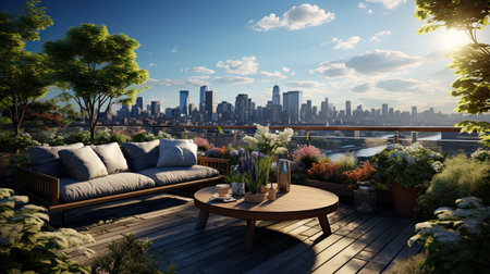 a beautiful terrace with a view of the cityの素材