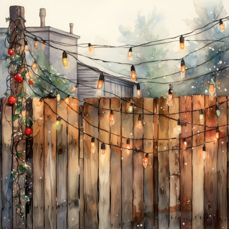 Watercolor Wooden fence with Christmas lights on the street.の素材
