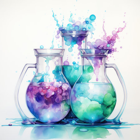 Colorful watercolor splashes in glassware on a white backgroundの素材