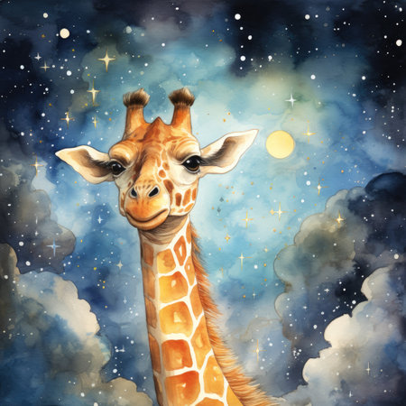 Watercolor giraffe in the starry sky.の素材