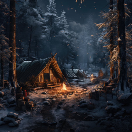 Wooden hut in the forest at night with a bonfire.の素材