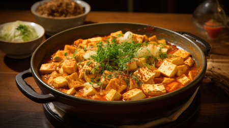 Tofu with soy sauce and dill in a clay potの素材