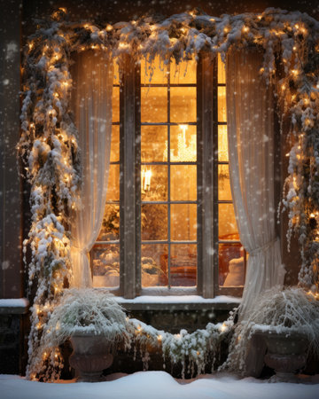 Snowy window at night. Winter fairy tale. Christmas background.の素材