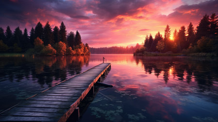 Wooden pier on the lake at sunset in Finland. Beautiful autumn landscape.の素材