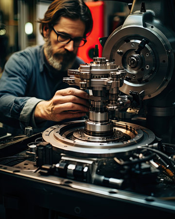 Engineer Working on CNC lathe machine in metal workshop.の素材