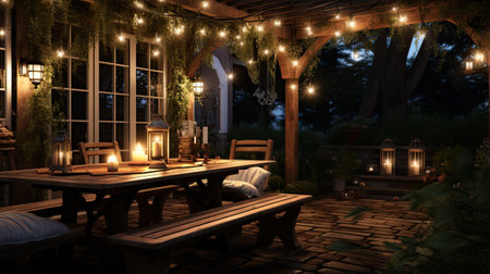 a cozy patio with wooden furniture and lanternsの素材
