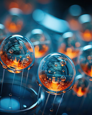 Close-up of a group of crystal balls on a blue backgroundの素材
