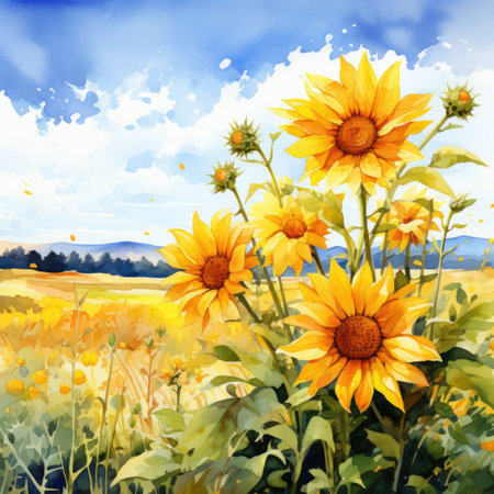 Watercolor Beautiful summer landscape with sunflowers.の素材