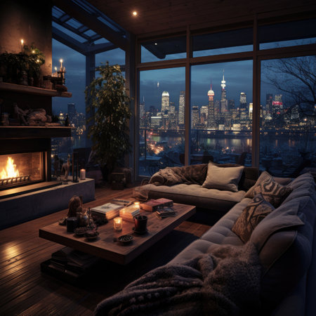 Luxury living room with a view of the City.の素材