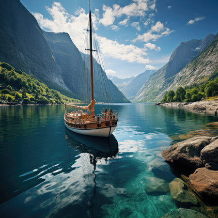 Beautiful fjord landscape with sailboatの素材