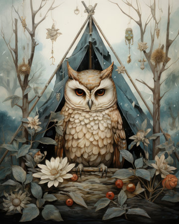 Owl in a teepee with flowers and berries.の素材