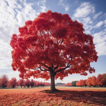 Beautiful autumn landscape with red tree in park. Fall season.の素材