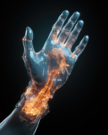 X-ray image of human hand with glowing bones.の素材