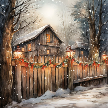 Watercolor Winter landscape with wooden house and lanterns.の素材