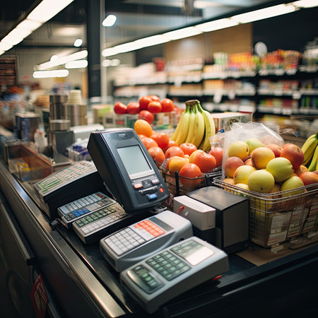 Supermarket cash register with credit card reader, fruit and vegetables on shelvesの素材