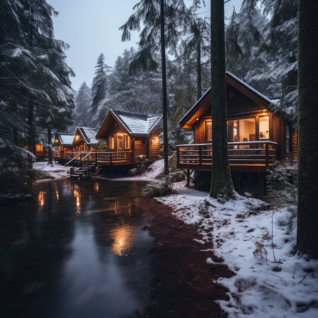 Wooden houses in the forest on a cold winter dayの素材