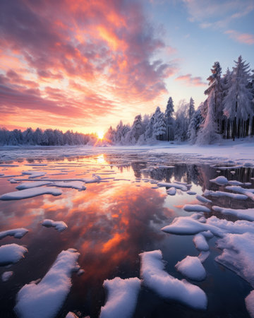 Beautiful winter landscape with frozen lake and forest at sunset.の素材