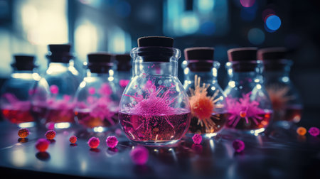 Laboratory glassware with virus cells on dark background.の素材