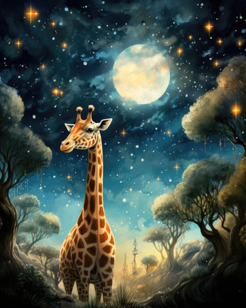 Fantasy landscape with giraffe and full moonの素材