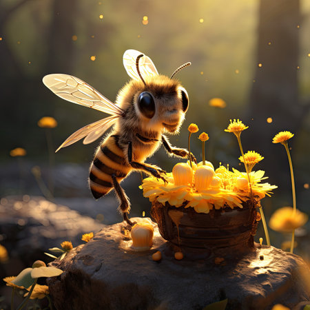 Honeybee collecting pollen from yellow flowers in basket on wood.の素材