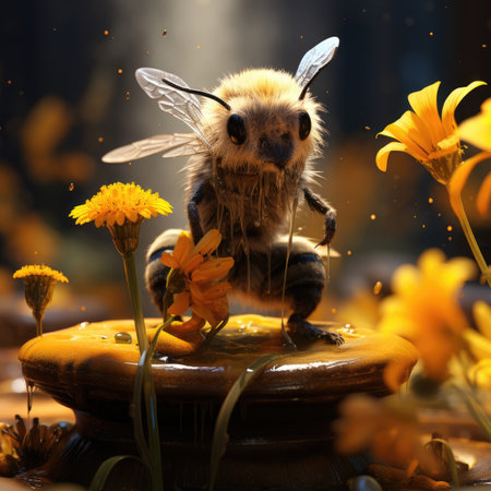 Honeybee and flowers on a dark background.の素材