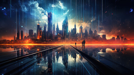 Futuristic city in the night with neon lightsの素材