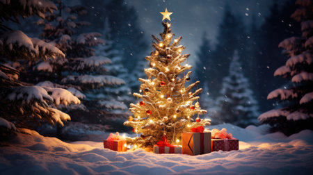 Christmas tree with gifts in snowy forest. Christmas and New Year background.の素材