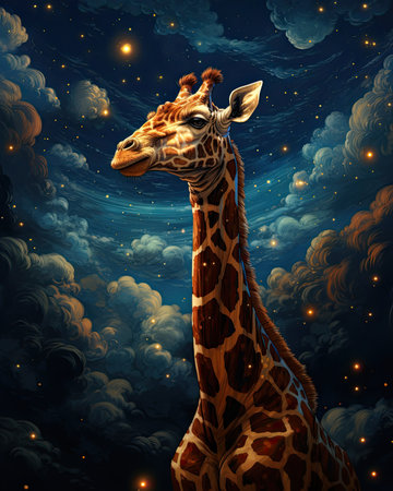 Giraffe in the night sky with clouds.の素材