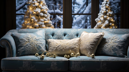 Christmas living room interior with decorated Christmas tree and blue sofa. Holiday concept.の素材